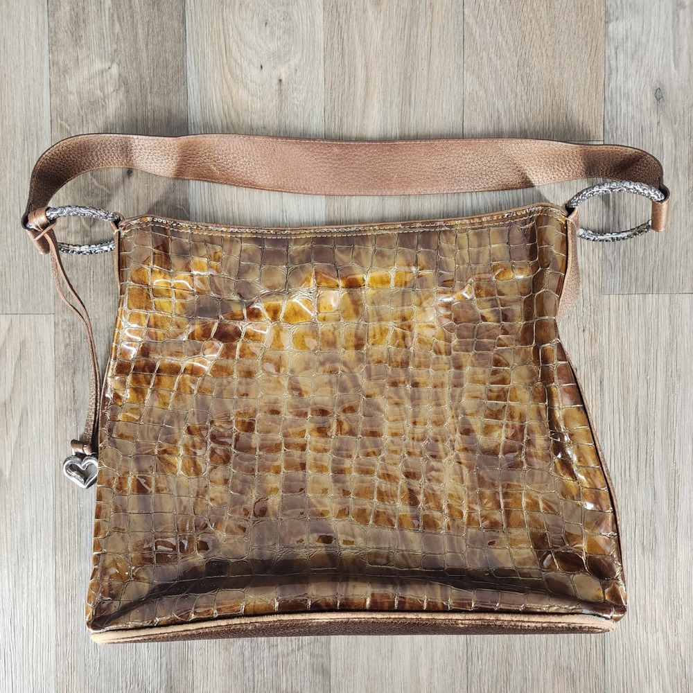 Brighton Brown Croc Embossed Patent Leather Shoulder Bag Silver Heart Charm